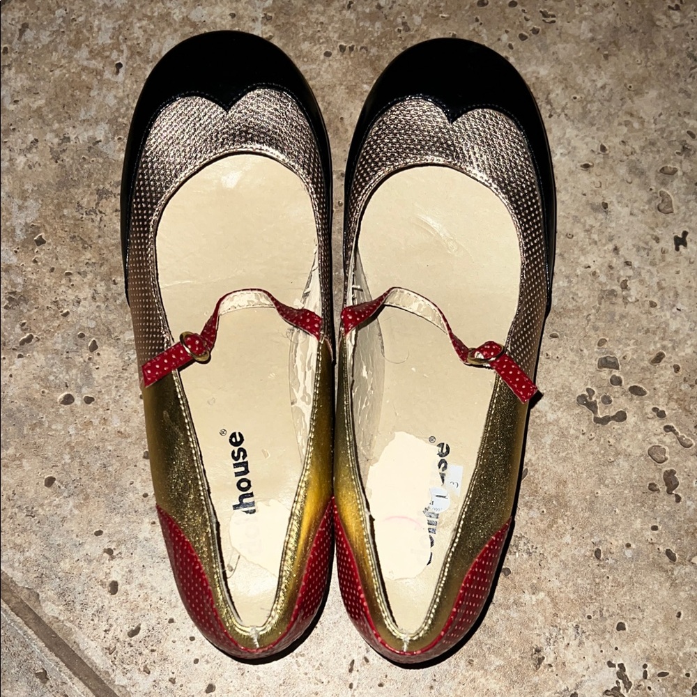 Dollhouse Black Gold Red Leather Mary Jane Flats
